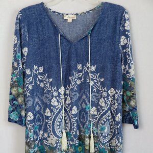 MISIA Blue White Embroidered Chambray Tie-Neck Peasant Tunic Size S